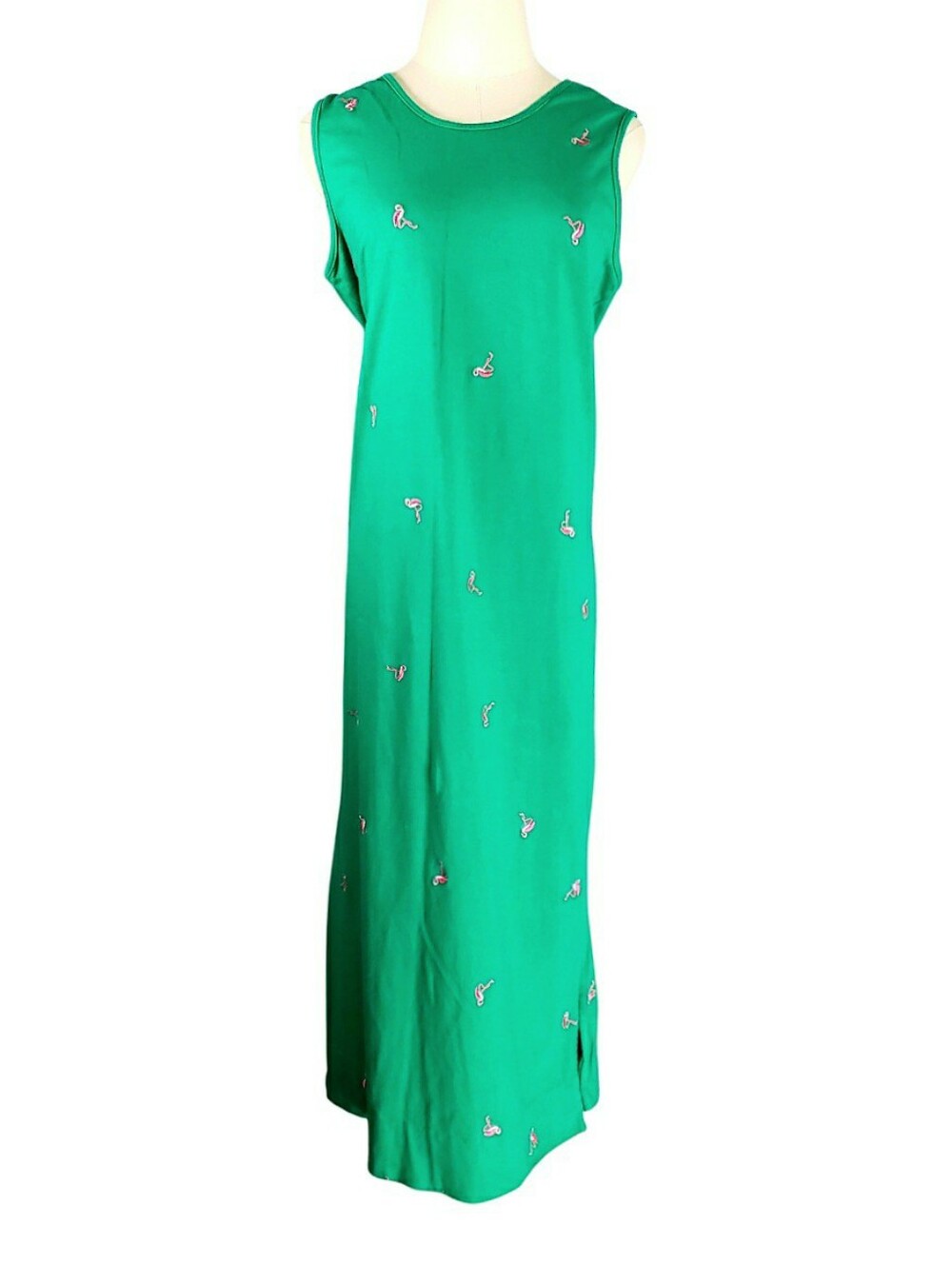 Quacker Factory Emerald Green Sleeveless Maxi Dress Embroidered Flamingos Preppy